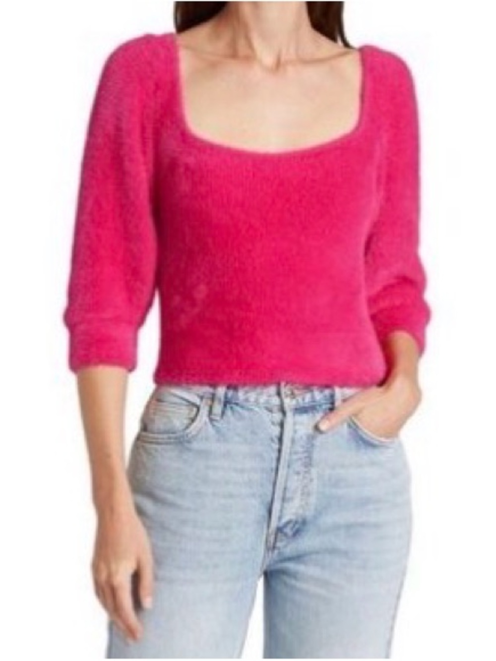Free People Moonbeam Sweater Cropped Pullover Soft Fuzzy Pink Sweater Large NWT